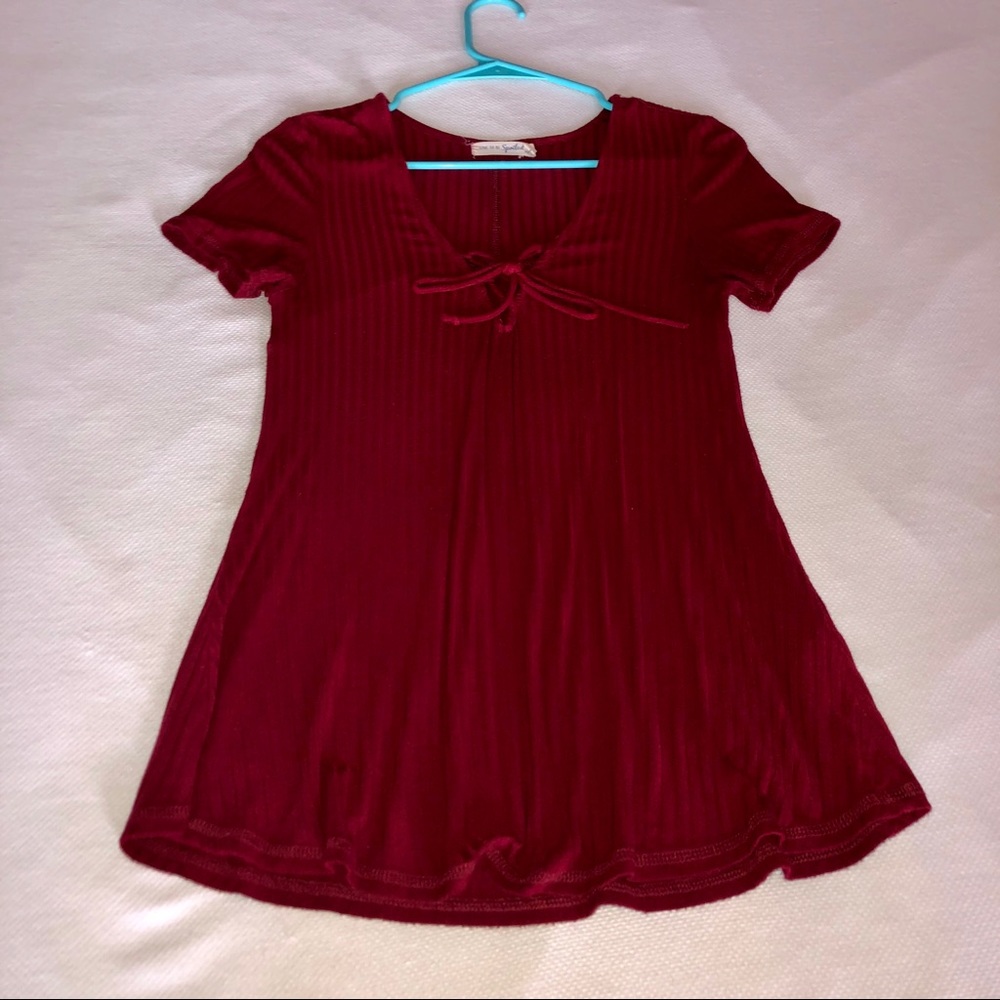 Ribbed Red Top with Crisscross V-Neck